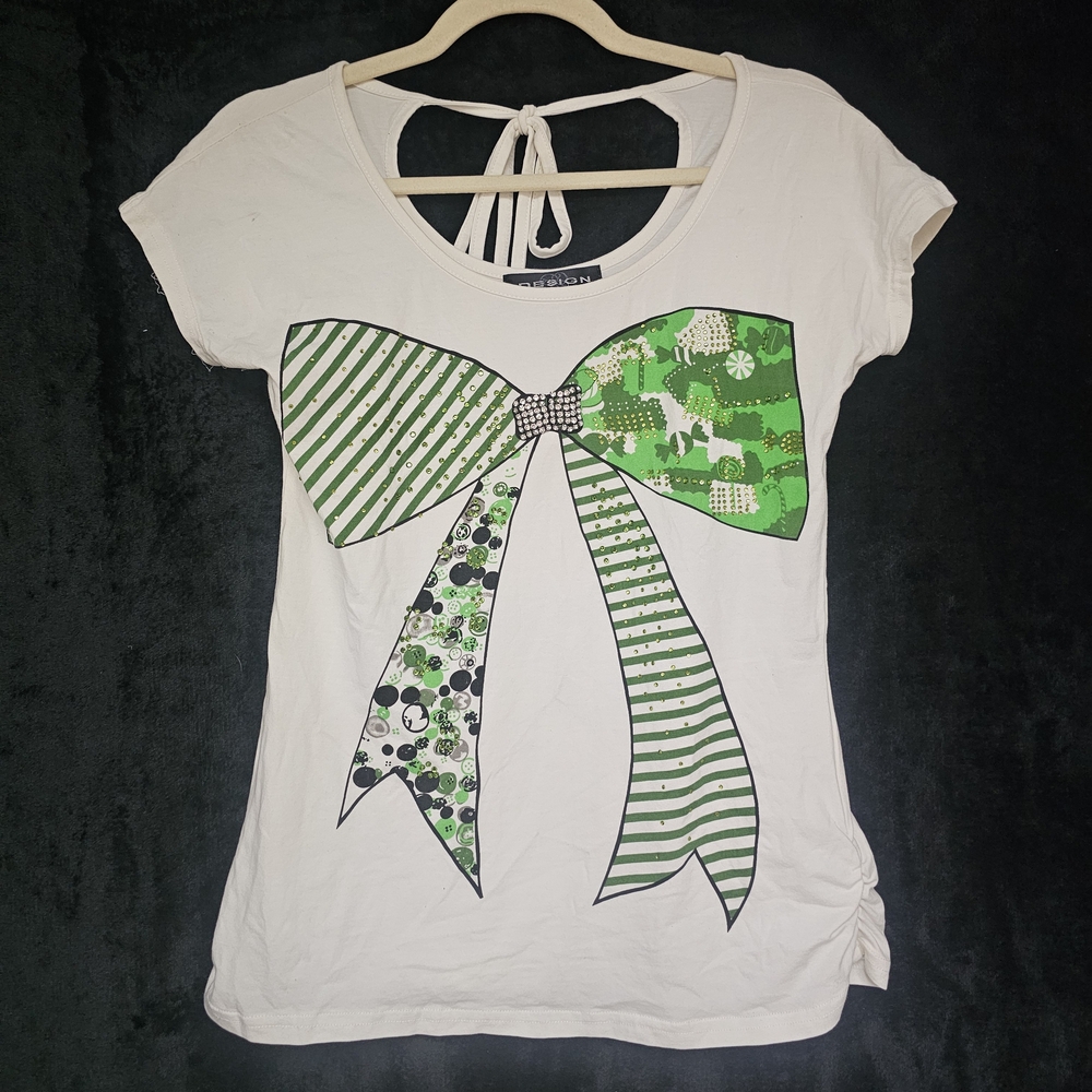 White T-Shirt with Green Rhinestoned Bow Design